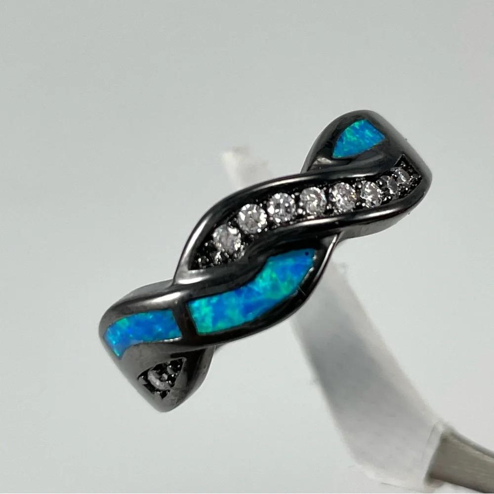Blue Faux Fire Opal White Diamond CZ Black Gold Plated Emo Punk Ring Band